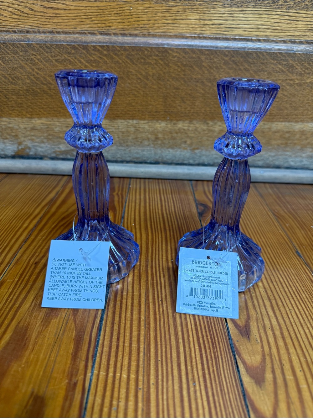 Set of 2 Bridgerton Blue Glass Taper Candle Holders